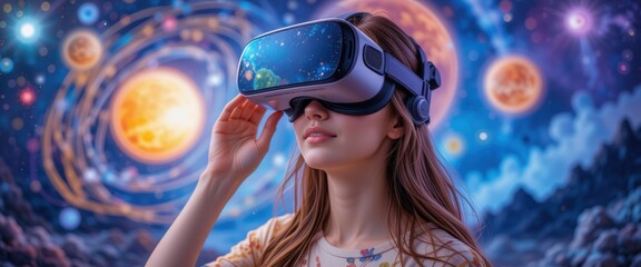 Young caucasian female experiencing virtual reality in cosmic galaxy setting