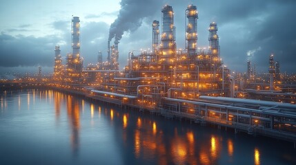 Fototapeta premium Large industrial power plant with multiple smokestacks and machinery. Energy production, infrastructure