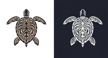 Ornate Tribal Turtle Design Two Tone Graphic Sea Life Illustration Polynesian Style Art