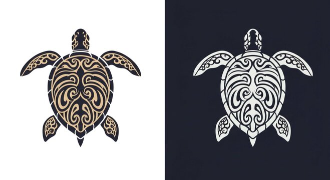 Ornate Tribal Turtle Design Two Tone Graphic Sea Life Illustration Polynesian Style Art
