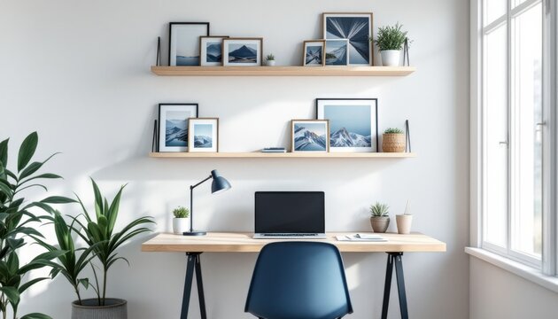 Minimalist home office workspace with wooden desk and mountain art decor