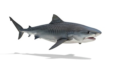 Fototapeta premium Powerful Tiger Shark Swimming Ocean Predator Marine Wildlife Isolated White Background