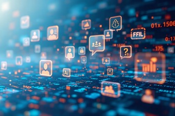 Social media icons floating over futuristic technological background representing global communication