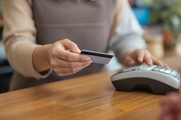 Fototapeta premium Shop assistant accepting credit card payment at pos terminal