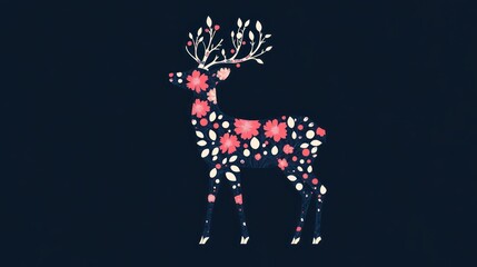 Floral Deer Design, Dark Background, Winter Holiday
