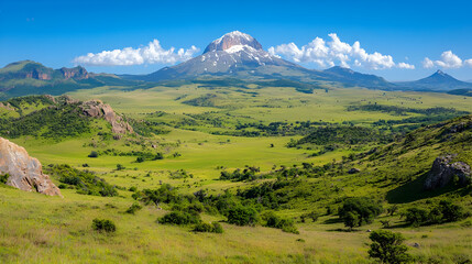 Fototapeta premium Snow-capped mountain peak rises above a lush green valley under a clear blue sky.