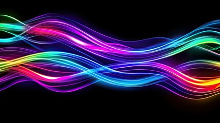 Fototapeta premium Electrifying display of neon cables glowing brightly in multicolored hues, moving rapidly against a black background.