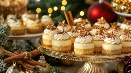 Festive Assortment of Delicious Mini Cheesecakes with Holiday Decor