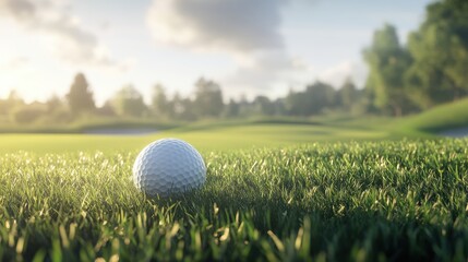 Close-Up of Golf Ball on Green Grass at Sunset on Golf Course