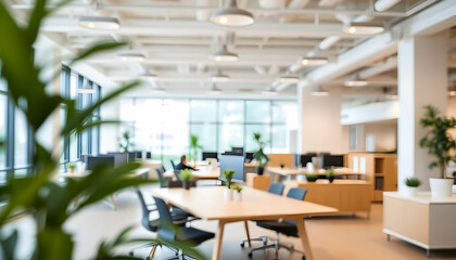 Fototapeta premium modern open office space, industrial chic, exposed ceiling, large windows, natural light, wooden communal tables, ergonomic chairs, minimalist design, indoor plants, spacious layout, collaborative wor