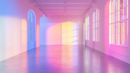 Empty pastel studio with neon rainbow light refraction, dreamy tones of pink, blue, and purple, and a clean exhibition view.