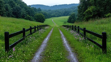 Fototapeta premium Grassy dirt road flanked by wooden fences leads down a lush green valley in the countryside under an overcast sky.