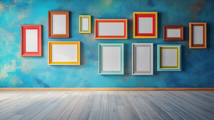 Colorful picture frames arranged on a teal wall in modern interior