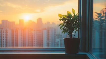 Fototapeta premium Serenity of Sunset Over Cityscape with Indoor Plant in Frame