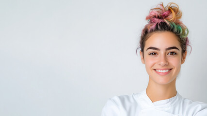 Fototapeta premium Colorful young chef woman smiling isolated on white background