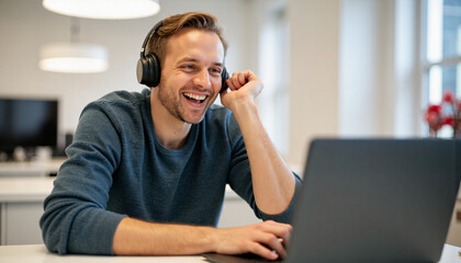 Smiling man wearing headphones using laptop in modern office
