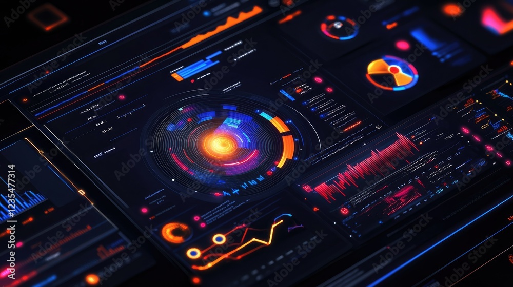 Poster futuristic business intelligence interface featuring real-time analytics and interactive 3d elements