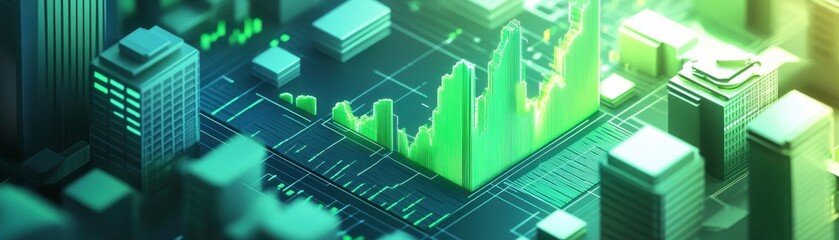 Fototapeta premium A digital cityscape with green financial graphs representing data analysis and market trends, showcasing urban development and technology.