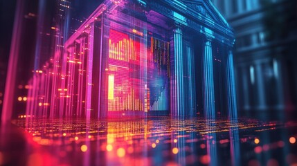 Obraz premium A futuristic digital representation of a classical building, illuminated with vibrant colors, symbolizing the fusion of tradition and technology.