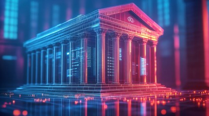 Obraz premium A futuristic digital representation of a classical building, illuminated with vibrant neon colors, symbolizing technology and architecture.