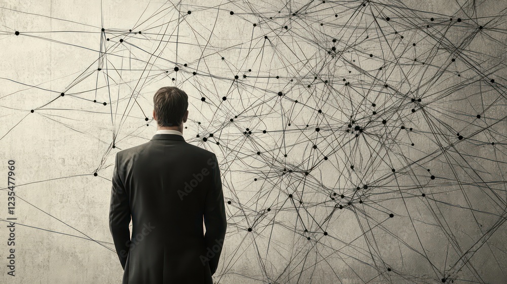 Poster businessman contemplates complex network connections visualized on a wall.
