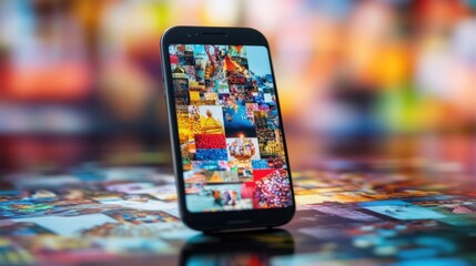 A smartphone screen displaying a mosaic of global cultural festivals and celebrations, Connectivity scene, Festive style