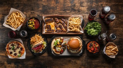 Delicious Assortment of Fast Food on Rustic Wooden Table