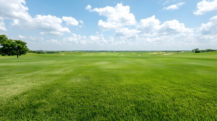 Obraz premium Vibrant green grass field of a golf course stretches under a bright blue sky with fluffy white clouds during a sunny day.