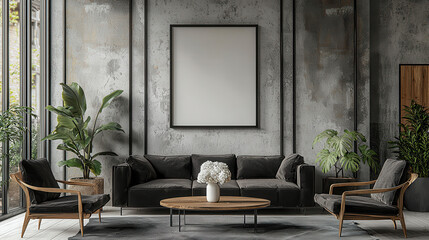 Industrial Chic Living Room Mockup: A contemporary living room designed with a minimalist approach, featuring a sleek gray sofa, wooden coffee table and armchairs.