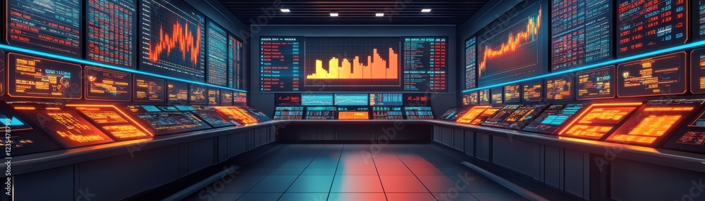 Poster a high-tech control room filled with screens displaying data and graphs in vibrant colors, suggestin