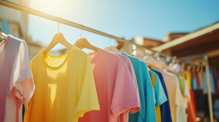 Fototapeta premium Colorful T-Shirts Hanging Outdoors in Bright Sunlight with Blue Sky