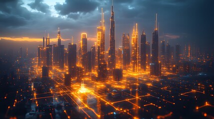 Naklejka premium Futuristic city glowing at dusk, aerial view, network