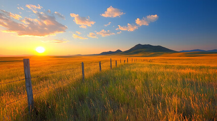 Sunset over golden prairie, fence line, mountains background; idyllic landscape