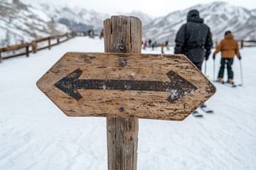Naklejka premium Wooden signpost with arrows pointing in opposite directions on a snowy mountain slope