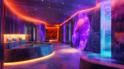 Metallic textures and neon lights come together in a vibrant futuristic design, blending modern and high-tech aesthetics.