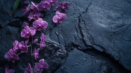 Purple orchids on dark stone background, water droplets, spa relaxation