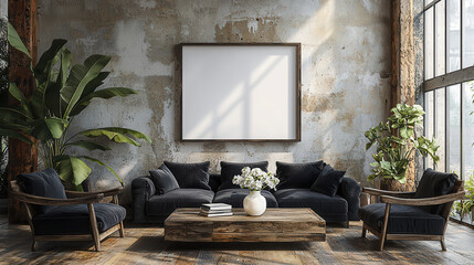 Industrial Chic Living Room Mockup: A stylish and modern living room interior design features a large blank canvas mockup, perfect for showcasing artwork or design.