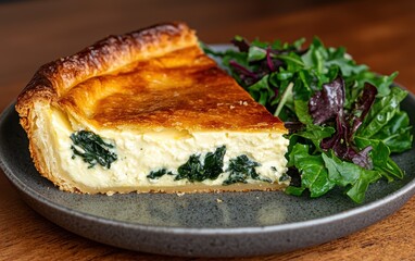 A slice of spinach and feta quiche on a plate with a side salad