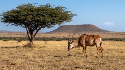 Naklejka premium Antelope grazing in African savanna under acacia tree
