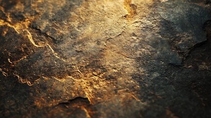 Golden light illuminates rough dark stone texture. AI Generated