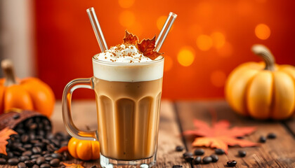 Pumpkin spice latte, glass mug, whipped cream, cinnamon sticks, coffee beans, small pumpkins, autumn decor, warm orange background, bokeh lights, cozy atmosphere, seasonal beverage, fall-themed, rich 