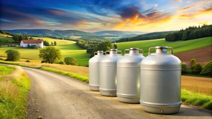 Three propane tanks lined up in a row, with a rural landscape and a winding road in the background, symbolizing energy independence and self-sufficiency , gas cylinders, self sufficiency