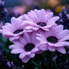 Closeup of purple flowers with water droplets