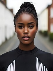 Fototapeta premium Close-up portrait of a young woman with intricate braided hair, flawless skin, and a confident gaze, wearing a black and white sports top, standing outdoors in a blurred urban setting.
