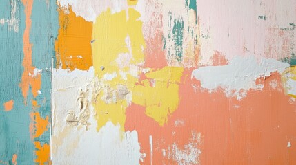 Pastel orange and yellow abstract wall texture with layered brush strokes, creating a vibrant grunge aesthetic.