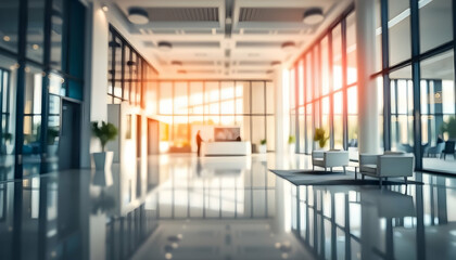 Modern office lobby, bright sunlight, glass walls, white reception desk, minimalist furniture, reflective floors, indoor plants, open concept, corporate interior, clean design, contemporary architectu