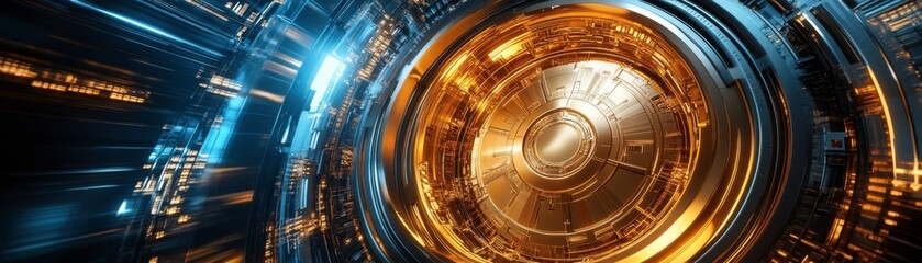 Naklejka premium A futuristic design featuring a glowing golden circular element surrounded by dynamic blue and gold light patterns, evoking a sense of advanced technology.