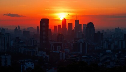 Fototapeta premium Urban skyline silhouette at sunset with vibrant orange and red sky