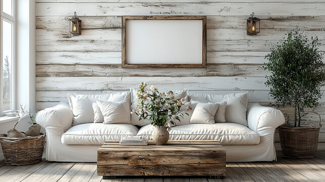 Rustic Living Room Mockup: A cozy and inviting living room features a creamy white sofa, rustic wooden coffee table, and a textured wood wall providing a perfect backdrop for design inspiration.