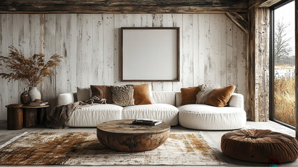 Rustic Living Room Mockup: A stylish and cozy living room interior design showcases a large empty picture frame on a rustic wood-paneled wall, offering a perfect canvas for your artwork or designs.